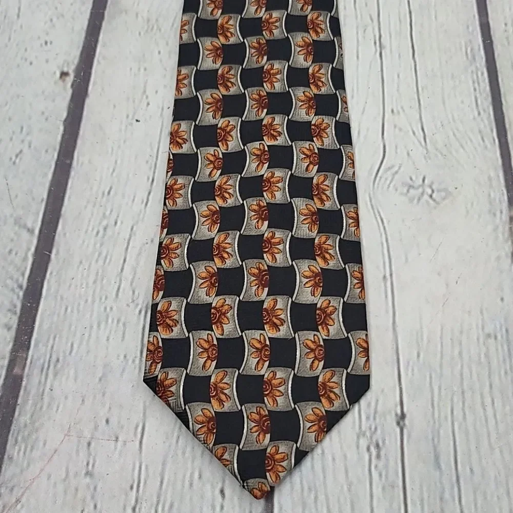 Vintage Ketch Black Orange Flower Power Retro Colorful Print  Tie